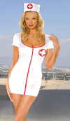 Naughty Nurse 2pc. costume includes a short sleeve mini dress w/ zipper front & a hat.